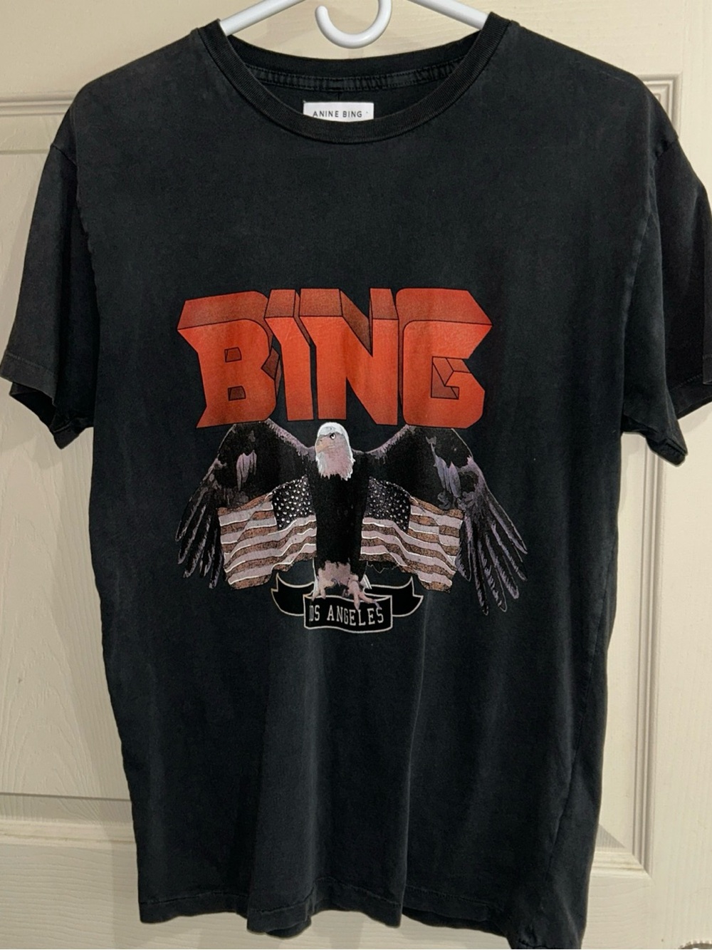 ANINE BING Charcoal Gray Crewneck Tee oversized XS American flag and eagle